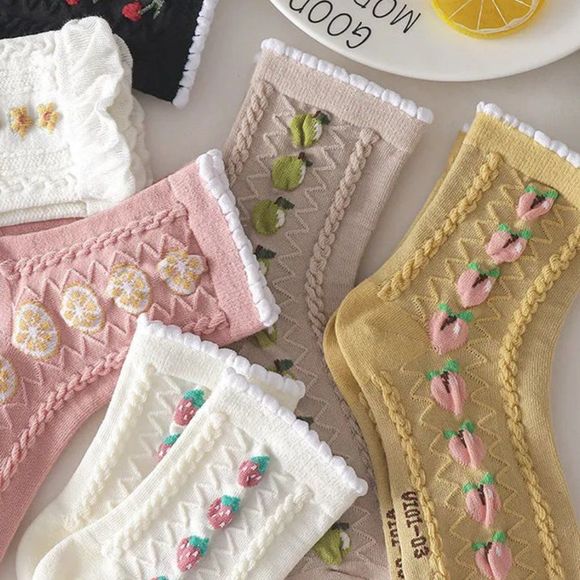 Winter Lollipop Anklet Socks | Strawberry Floral Knit Cotton Lolita Socks - Picture 2 of 9